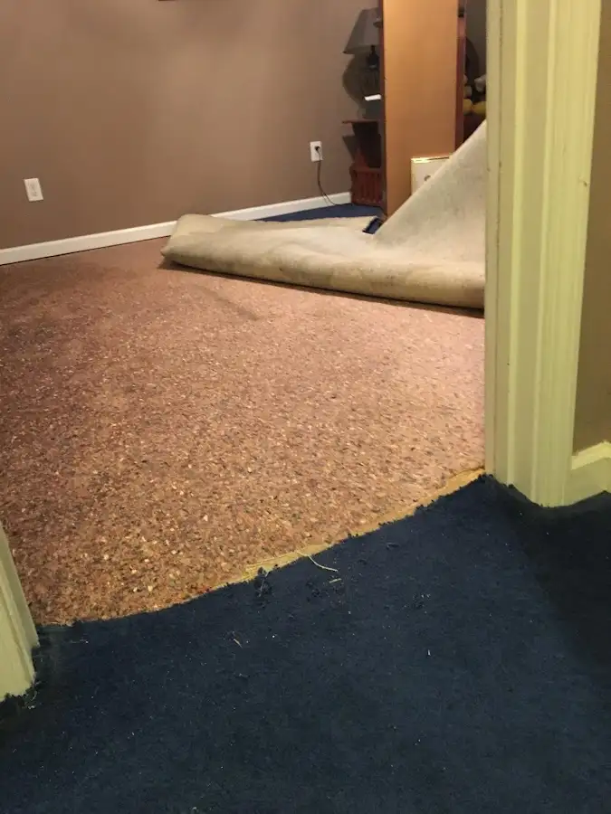 Carpet pad removal revealing water damage during Water Mitigation Services in South Portland