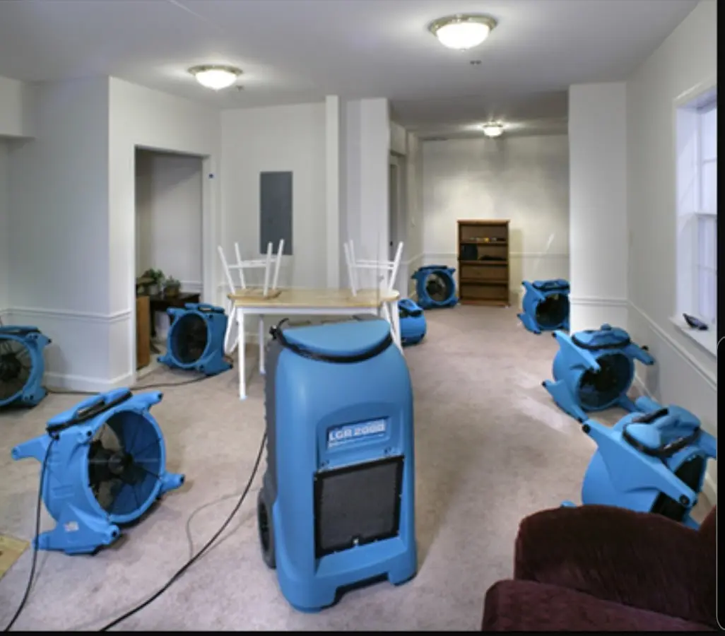 Air movers and dehumidifier setup for Water Damage Restoration in South Portland